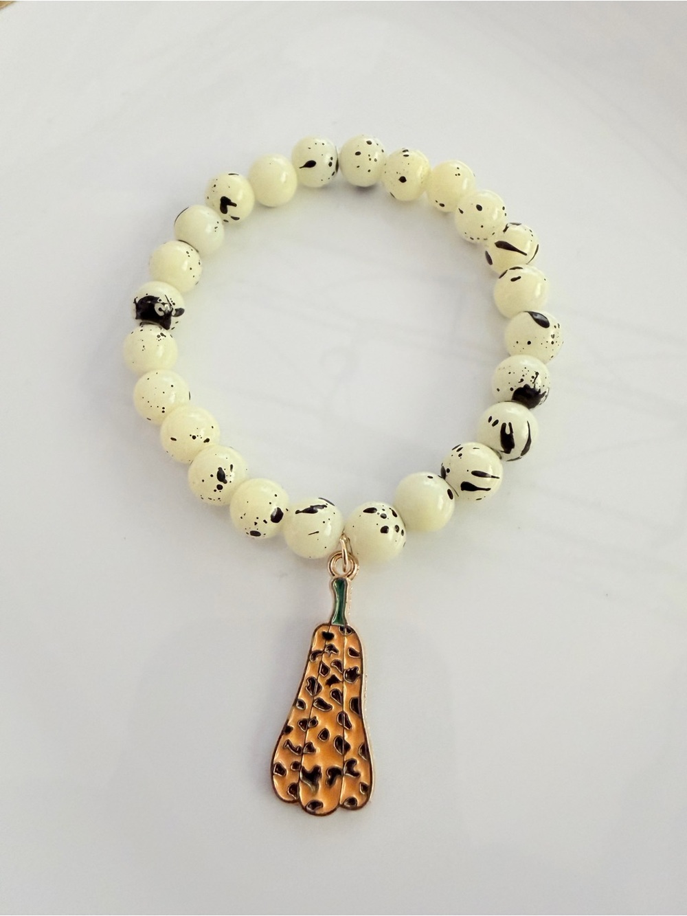 Fall Cream Speckled Bead Bracelet with Gold Pumpkin Charm Handmade Jewelry
